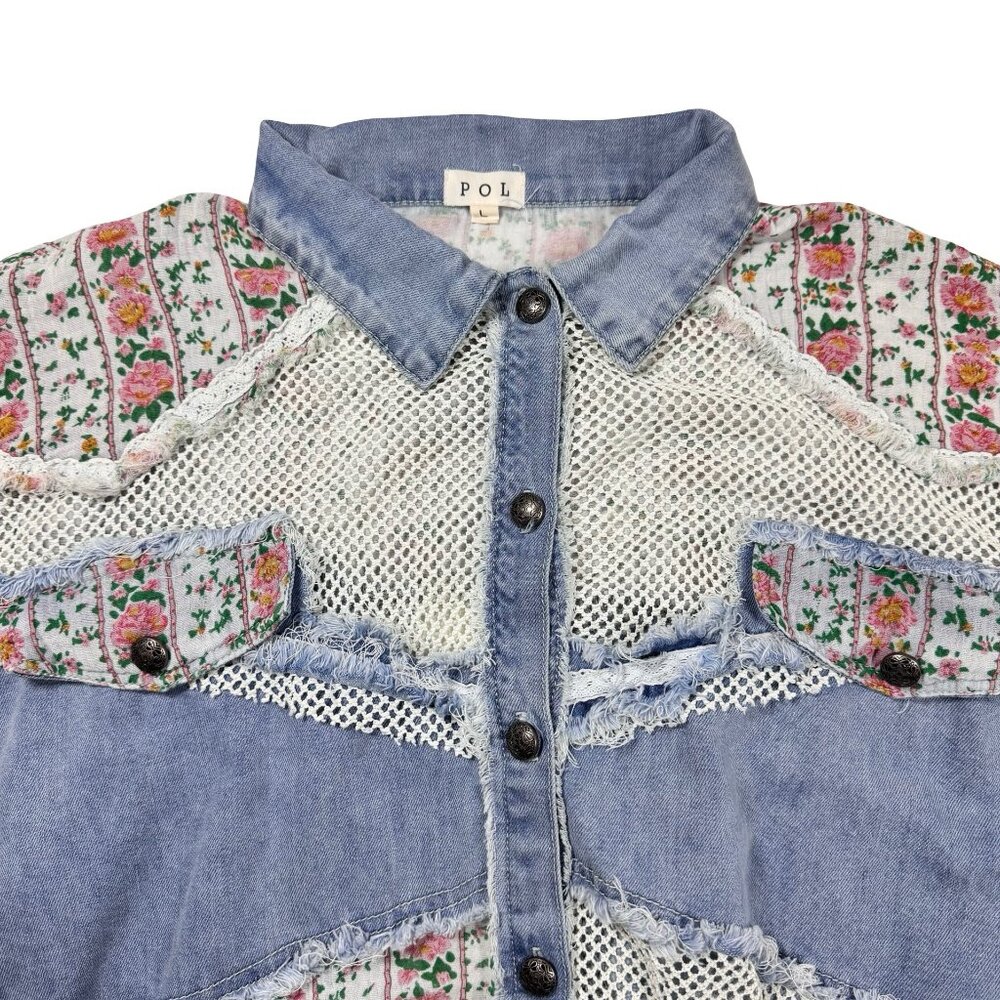 POL Patchwork Denim Jacket Shacket SZ L Blue Flor… - image 8